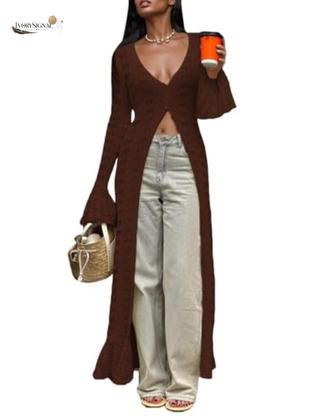 Crochet Hollow Out Knit Maxi Cardigan Button Down Long Sleeve Boho Cover Up